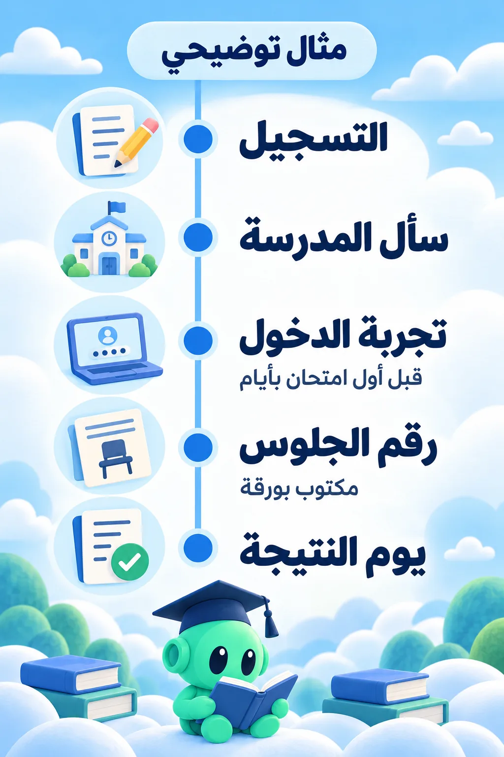 مثال توضيحي: خط زمني لأحمد من التسجيل، ثم سؤال المدرسة، ثم تجربة الدخول قبل أول امتحان بأيام، ثم رقم الجلوس المكتوب بورقة، ثم يوم النتيجة.
