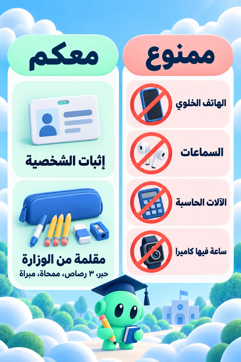 معكم إثبات الشخصية ومقلمة الوزارة (حبر، ثلاثة أقلام رصاص، ممحاة، مبراة). ممنوع: الهاتف الخلوي، السماعات، الآلات الحاسبة، ساعات فيها كاميرا