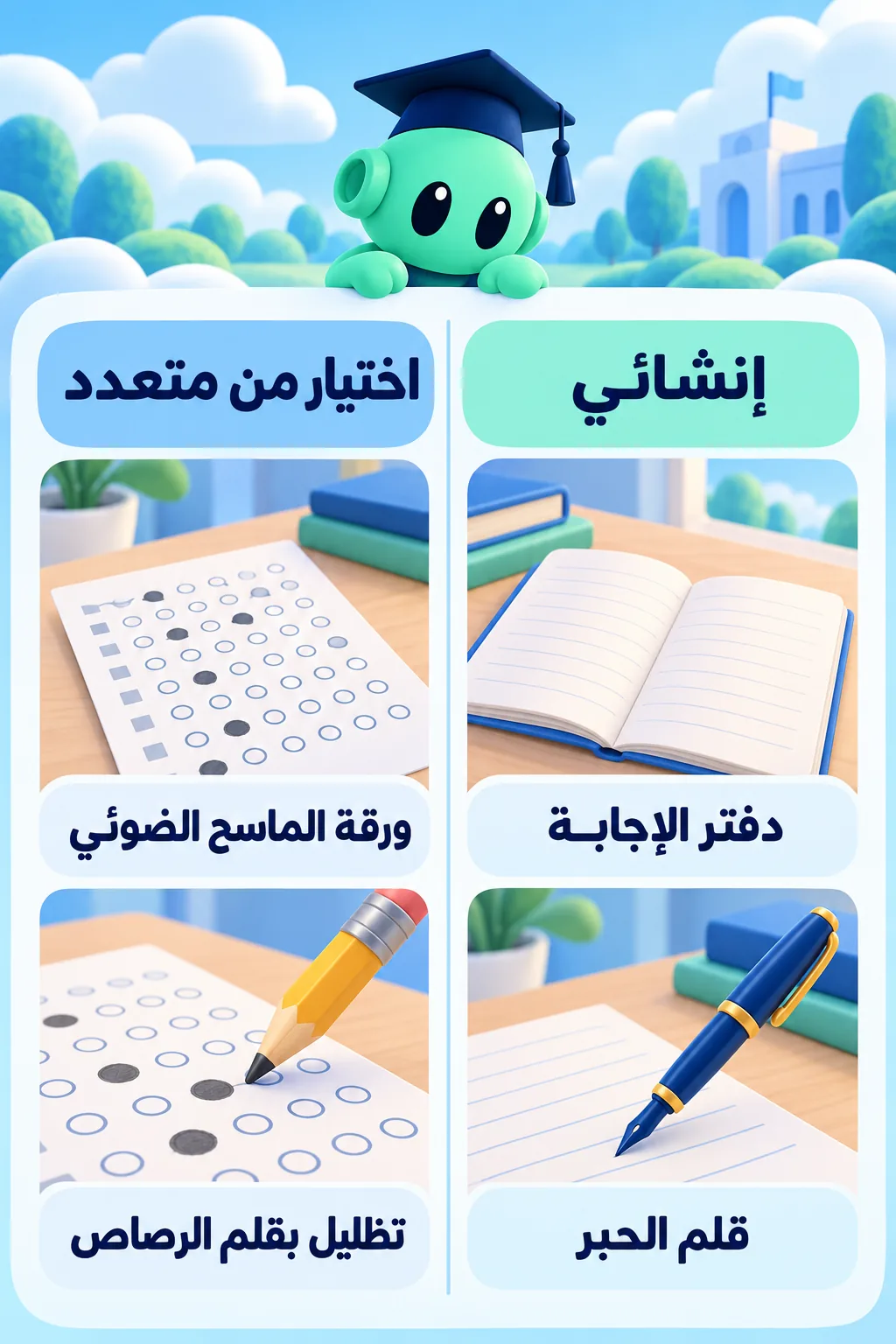 الاختيار من متعدد على ورقة الماسح الضوئي بقلم الرصاص، والإنشائي في دفتر الإجابة بقلم الحبر