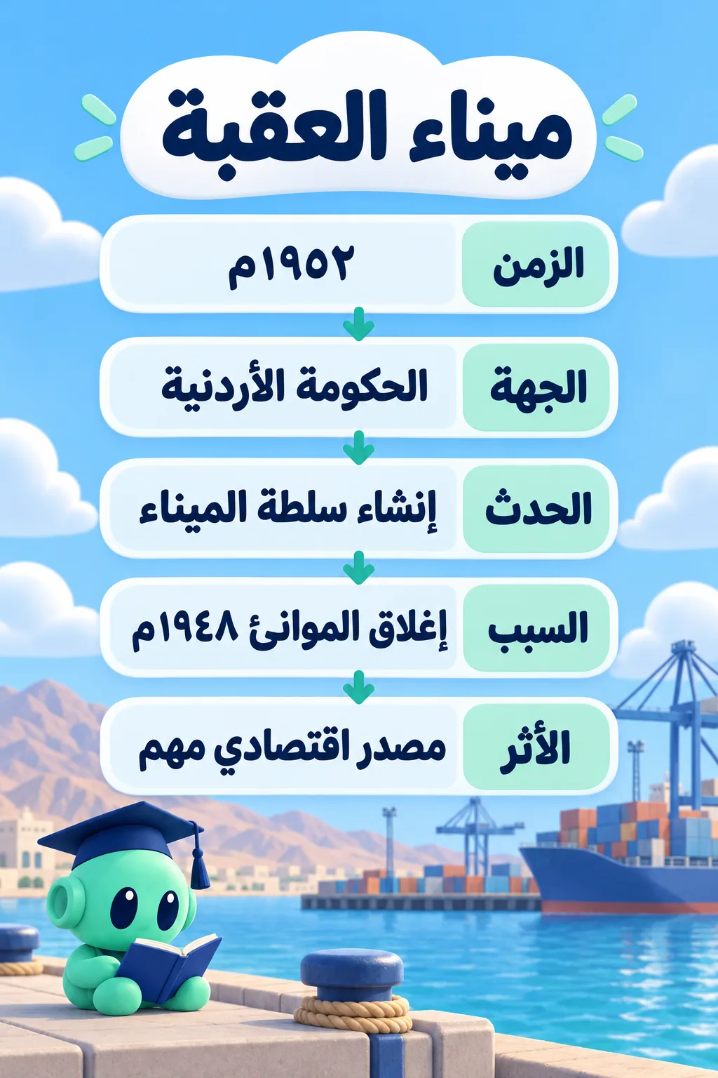 بطاقة ميناء العقبة بخمسة أجزاء: الزمن 1952م، الجهة الحكومة الأردنية، الحدث إنشاء سلطة الميناء، السبب إغلاق الموانئ 1948م، الأثر مصدر اقتصادي مهم.