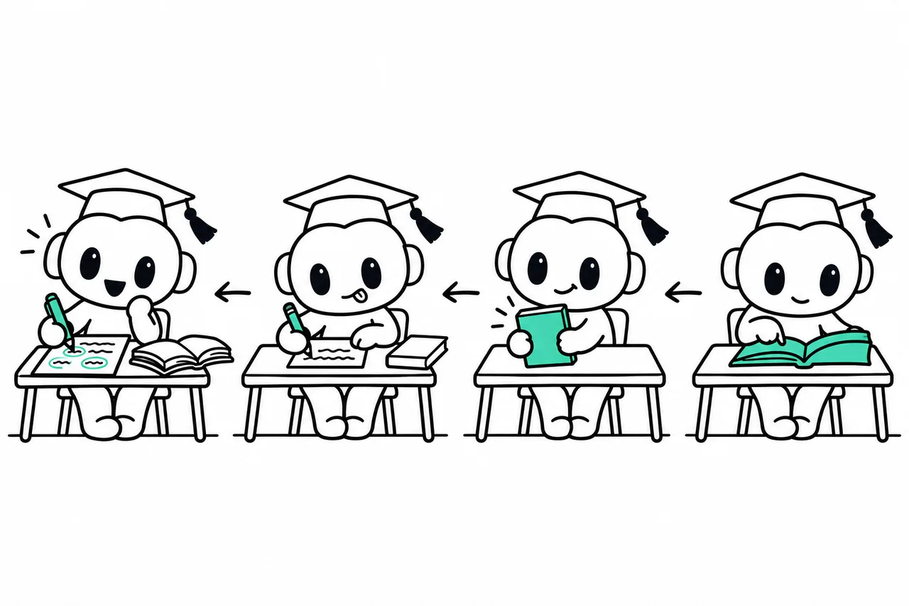 زكي في أربع خطوات: يقرأ مقطعاً واحداً مرة واحدة، يغلق الكتاب، يكتب ما يتذكره على ورقة بيضاء، ثم يفتح الكتاب ويعلّم ما نسيه