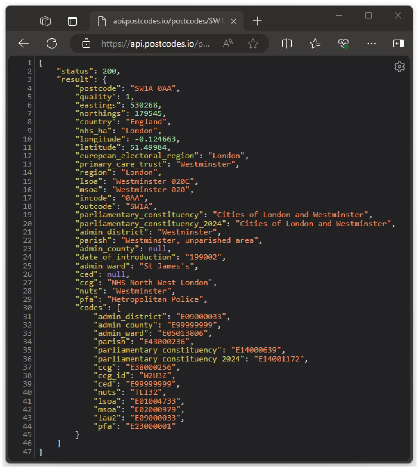 الشكل 21.13 استجابة JSON لطلب GET على نقطة النهاية الخاصة بواجهة برمجة التطبيقات.