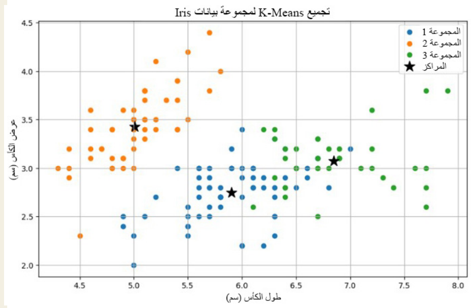 الشكل 21.38 تجميع مجموعة بيانات السوسن باستخدام خوارزمية K-means
