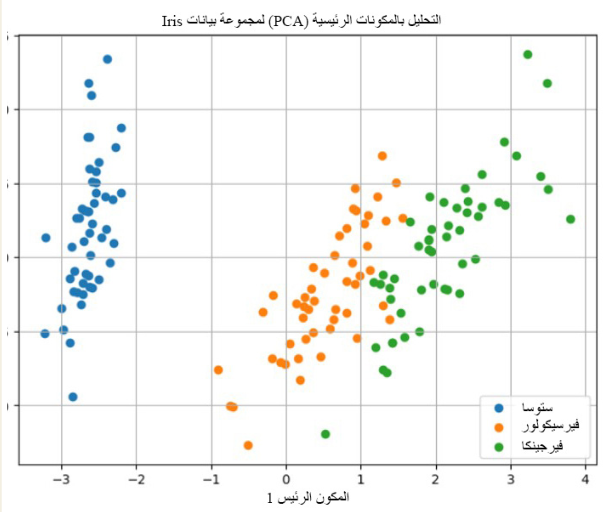 الشكل 21.40 نتائج تحليل المكونات الرئيسية (PCA) مع النقاط التي تتعلق بكل فئة حددت بصريًا باستخدام ألوان مختلفة