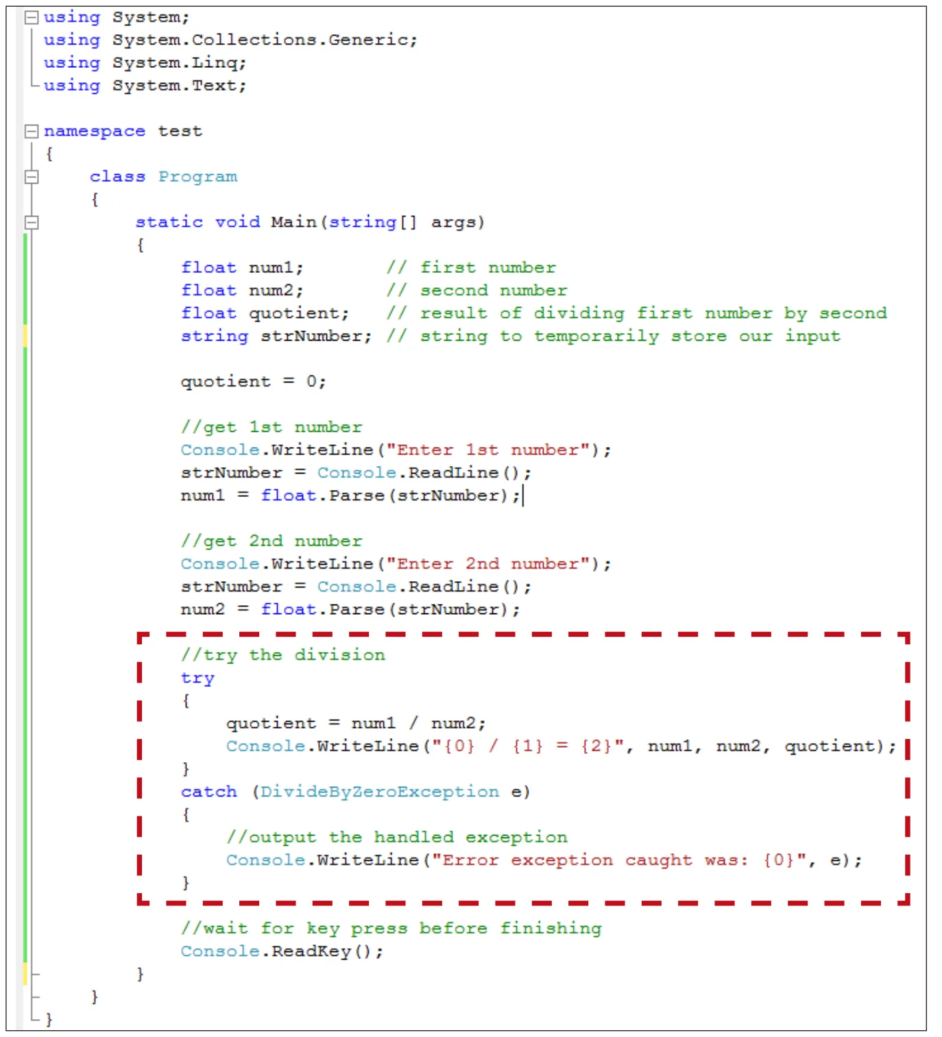 الشكل 4.35 مثال على معالجة الأخطاء في #C باستخدام كتلة try وcatch