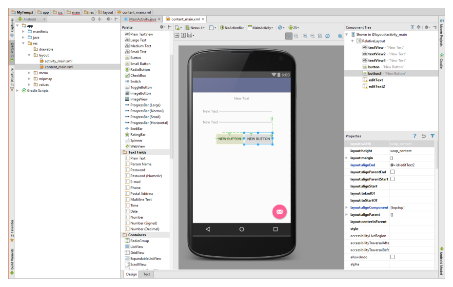 الشكل 7.19 النموذج الرئيس مع كائنات Java الإضافية التي تم سحبها من لوحة Android Studio