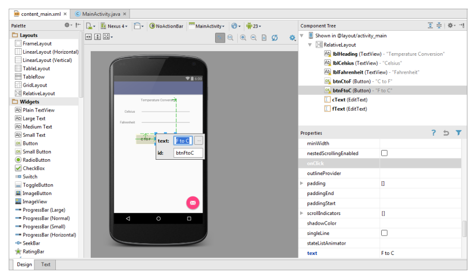 الشكل 7.20 عرض تصميم Android Studio، يعرض كائنات النموذج بخصائص ومعرفات جديدة