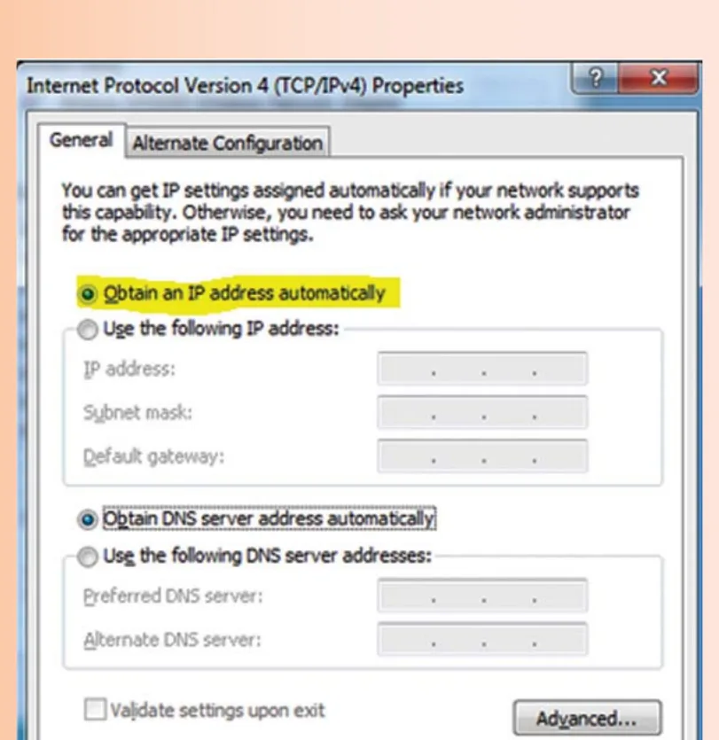 نافذة إعدادات IP