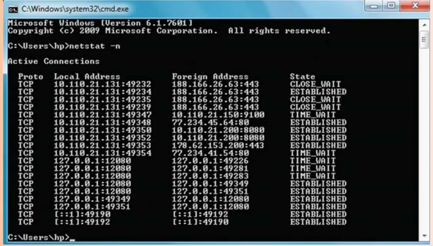 صورة شاشة لأمر netstat