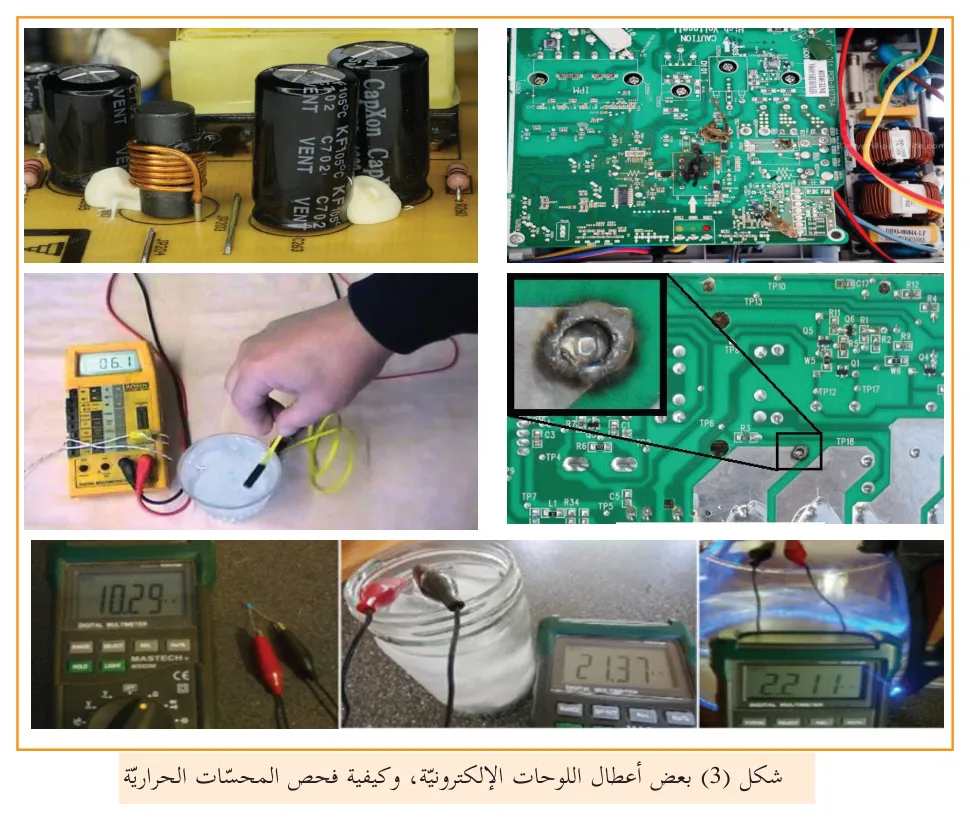 شكل (3) بعض أعطال اللوحات الإلكترونية، وكيفية فحص المحسات الحرارية