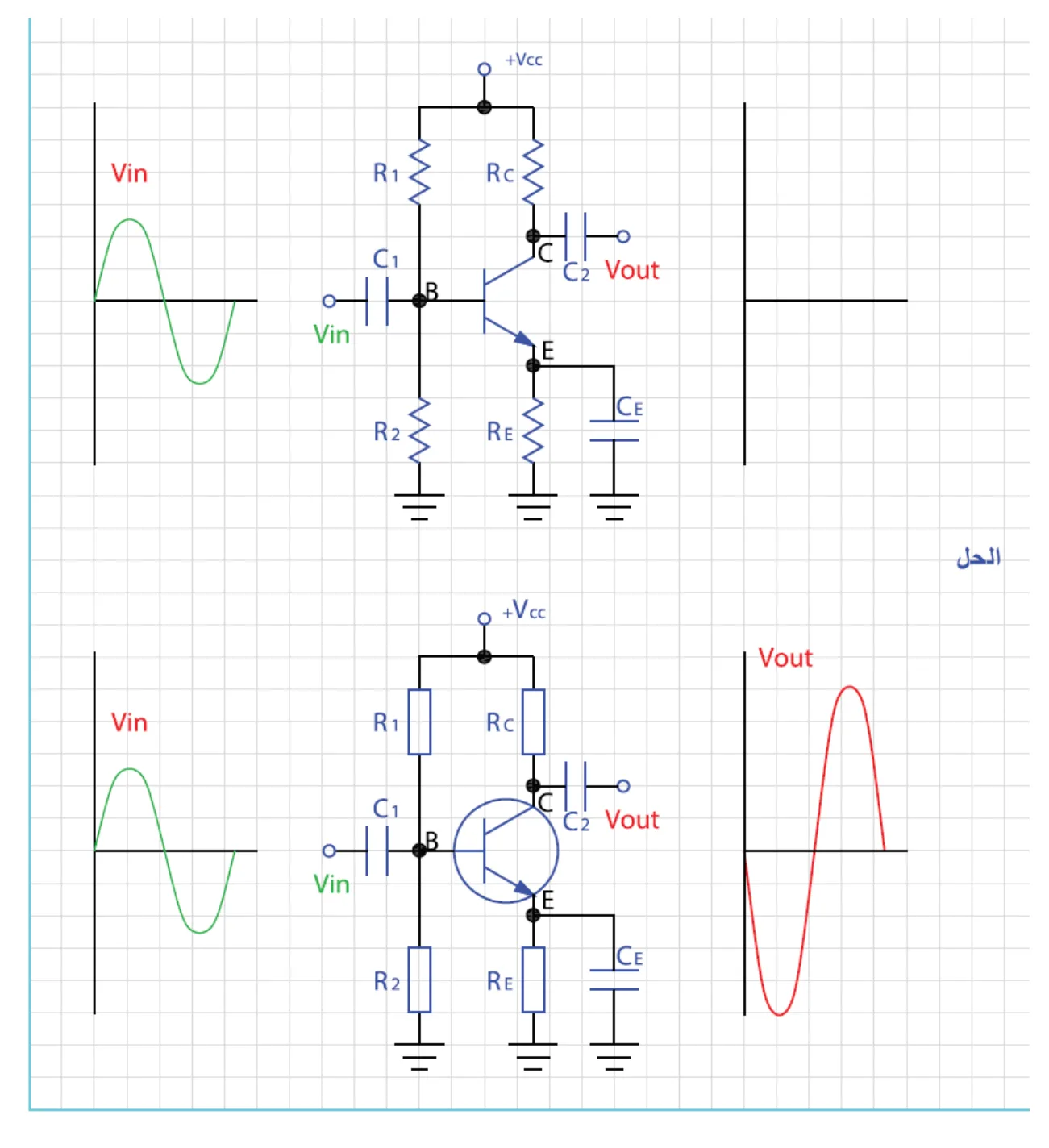 Vin / R1 / Rc / C1 / B / C / C2 / Vout / E / RE / CE / R2 / +Vcc / Vin / R1 / Rc / C1 / B / C / C2 / Vout / E / RE / CE / R2 / +Vcc / Vout