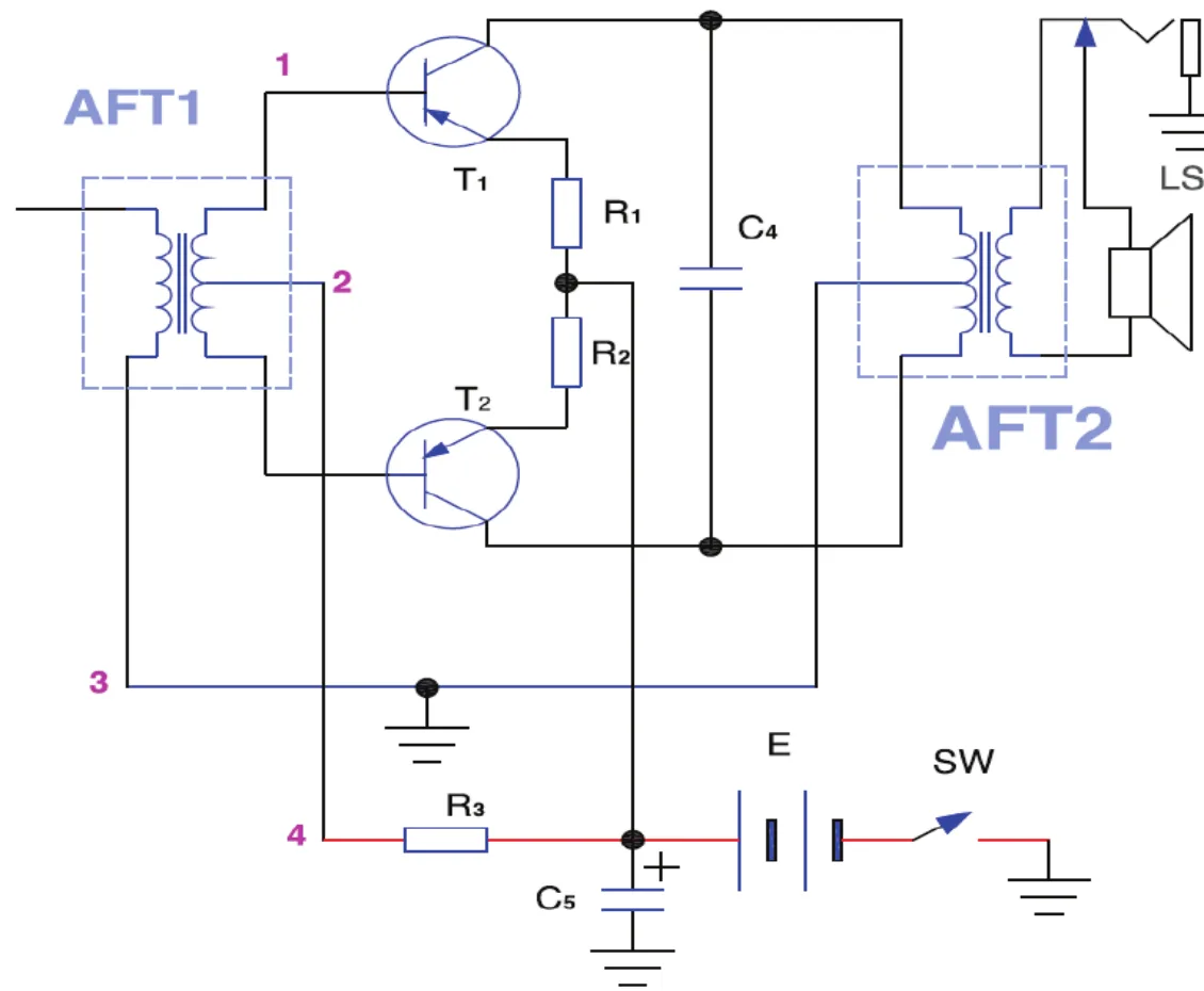 AFT1 / T1 / R1 / C4 / T2 / R2 / AFT2 / LS / R3 / C5 / E / SW