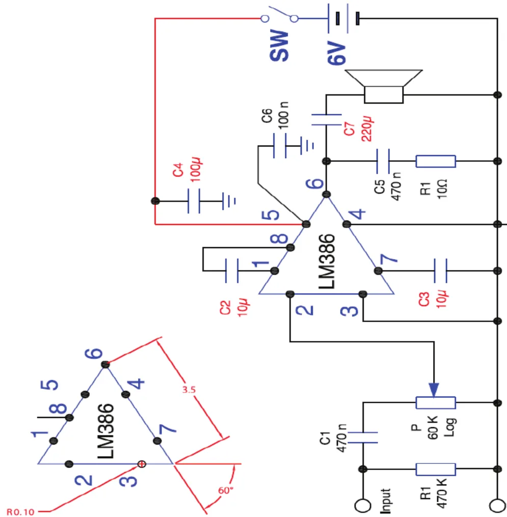 SW / 6V / C6 / 100n / C7 / 220u / C5 / 470n / R1 / 10Ω / LM386 / C3 / 10u / P / 60K / Log / R1 / 470K / Input / C1 / 470n / C2 / 10u / C4 / 100u