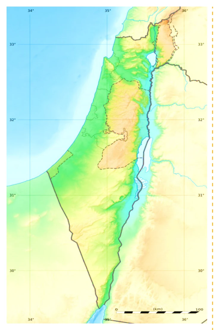 الشكل (1): صورة توضيحية لخريطة فلسطين ودوائر العرض