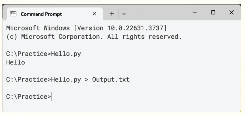 الشكل (2-11): حفظ مخرجات برنامج لغة البرمجة بايثون (Python) باستخدام مُوجّه الأوامر.