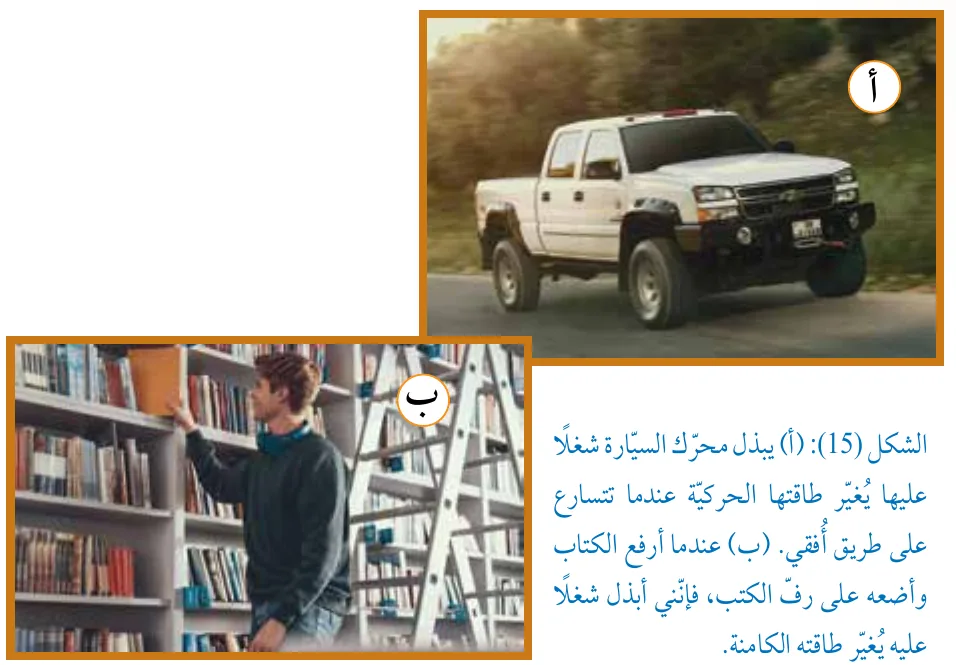الشكل (15): (أ) يبذل محرّك السيارة شغلًا عليها يُغيّر طاقتها الحركية عندما تتسارع على طريق أفقي. (ب) عندما أرفع الكتاب وأضعه على رف الكتب، فإنني أبذل شغلًا عليه يُغيّر طاقته الكامنة.