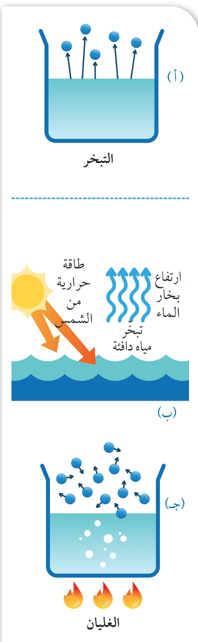 الشكل (10): (أ) تبخّر الجزيئات التي على سطح السائل. (ب) تبخّر جزيئات الماء على السطح بفعل التسخين الحراري من الشمس. (ج) تبخّر الجزيئات من أجزاء السائل جميعها عند غليانه.