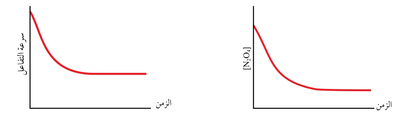 الشكل (2/ أ): تغير تركيز N₂O₄ مع الزمن. الشكل (2/ ب): تغير سرعة التفاعل الأمامي مع الزمن.