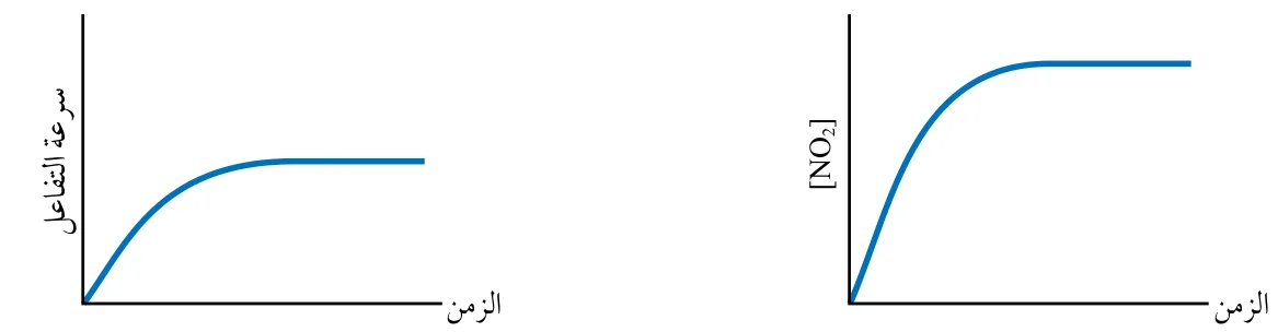 الشكل (3/ أ): تغير تركيز NO₂ مع الزمن. الشكل (3/ ب): تغير سرعة التفاعل العكسي مع الزمن.