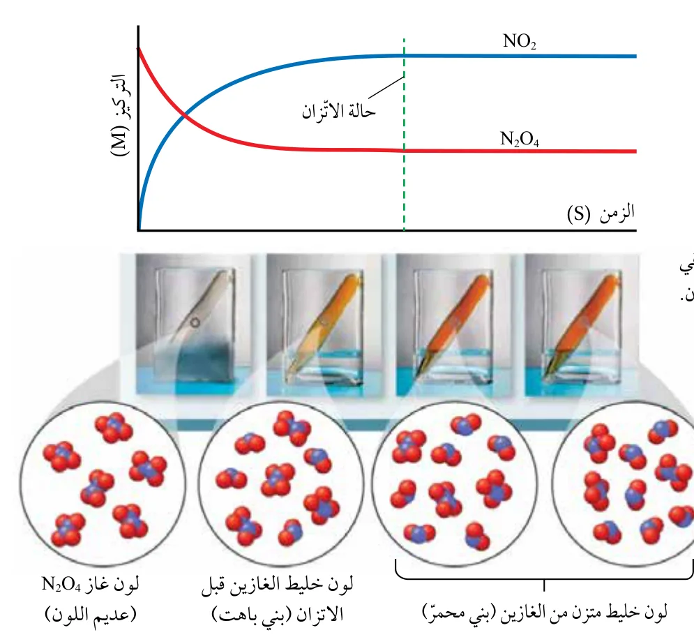 الشكل (5): تغير لون مكونات التفاعل. أقارن بين تراكيز الغازات في وعاء التفاعل عند الاتزان.