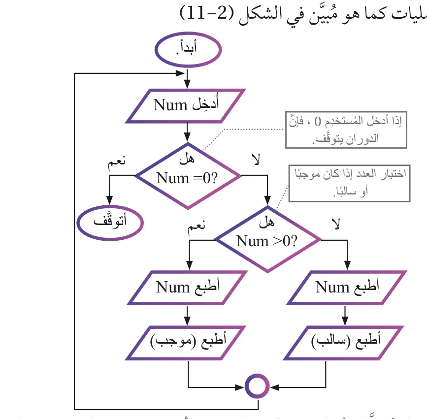الشكل (2-11): مُخطَّط سَيْر العمليات لإدخال مجموعة أعداد، وتصنيفها إلى موجبة وسالبة.