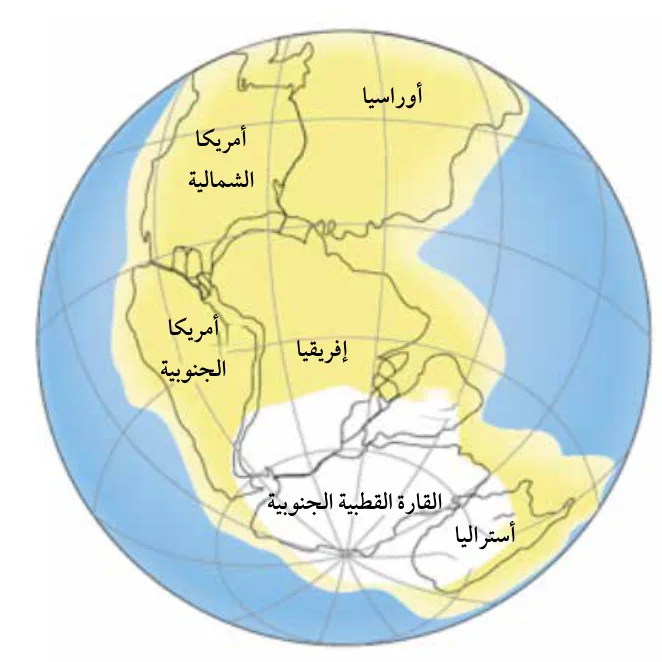 الشكل (4): يدل وجود رسوبيات جليدية في المناطق التي تقع الآن على دائرة الاستواء، أو بالقرب منها، على أنها كانت تقع سابقًا بالقرب من القطب الجنوبي.