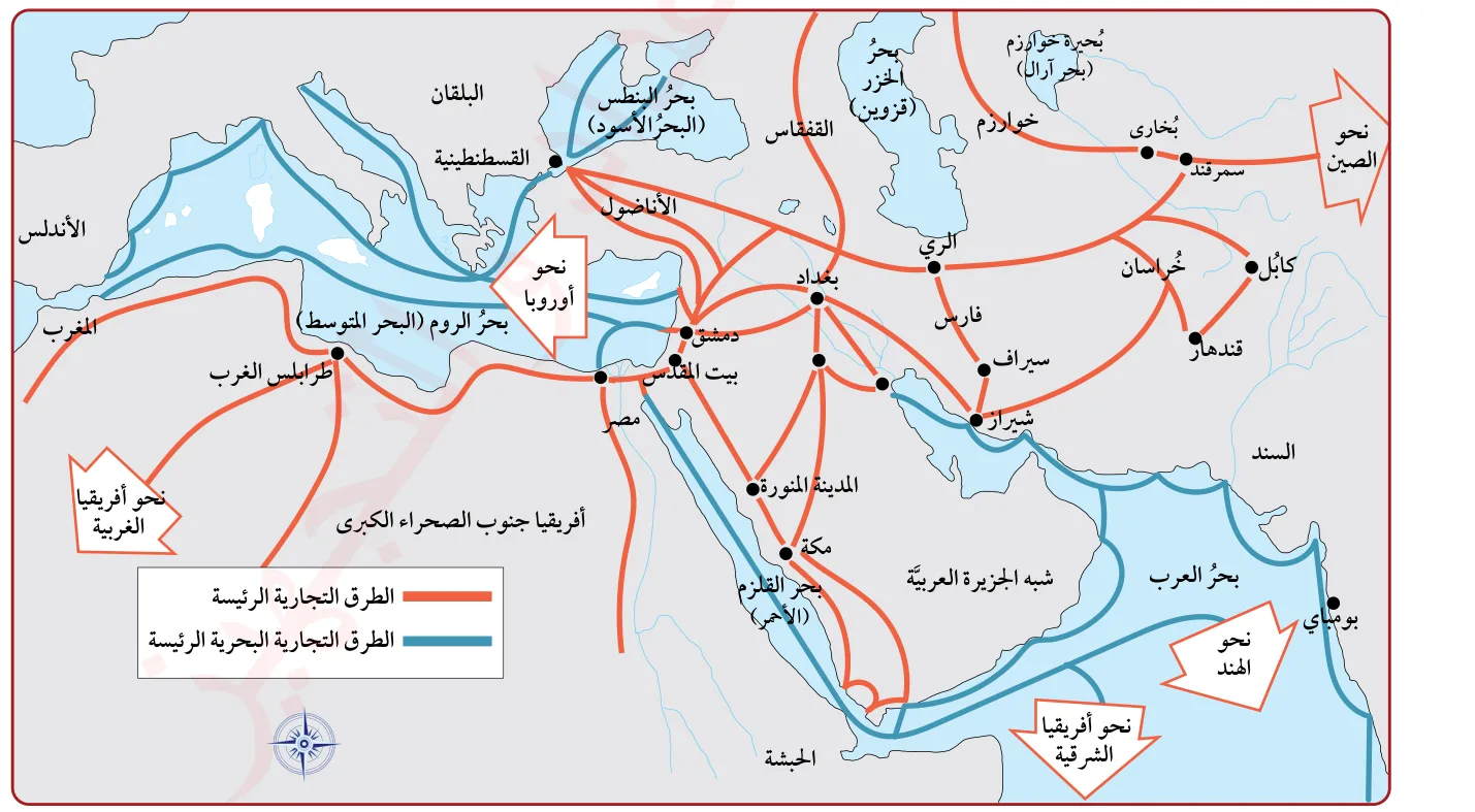 الشكل (5): خريطة الطرق التجارية البرية والبحرية في العالم الإسلامي.