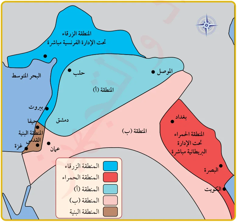 الشكل (1): خريطة اتفاقية (سايكس - بيكو).