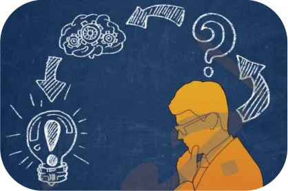 رسم لشخص مفكّر وأيقونات أفكار وساعة