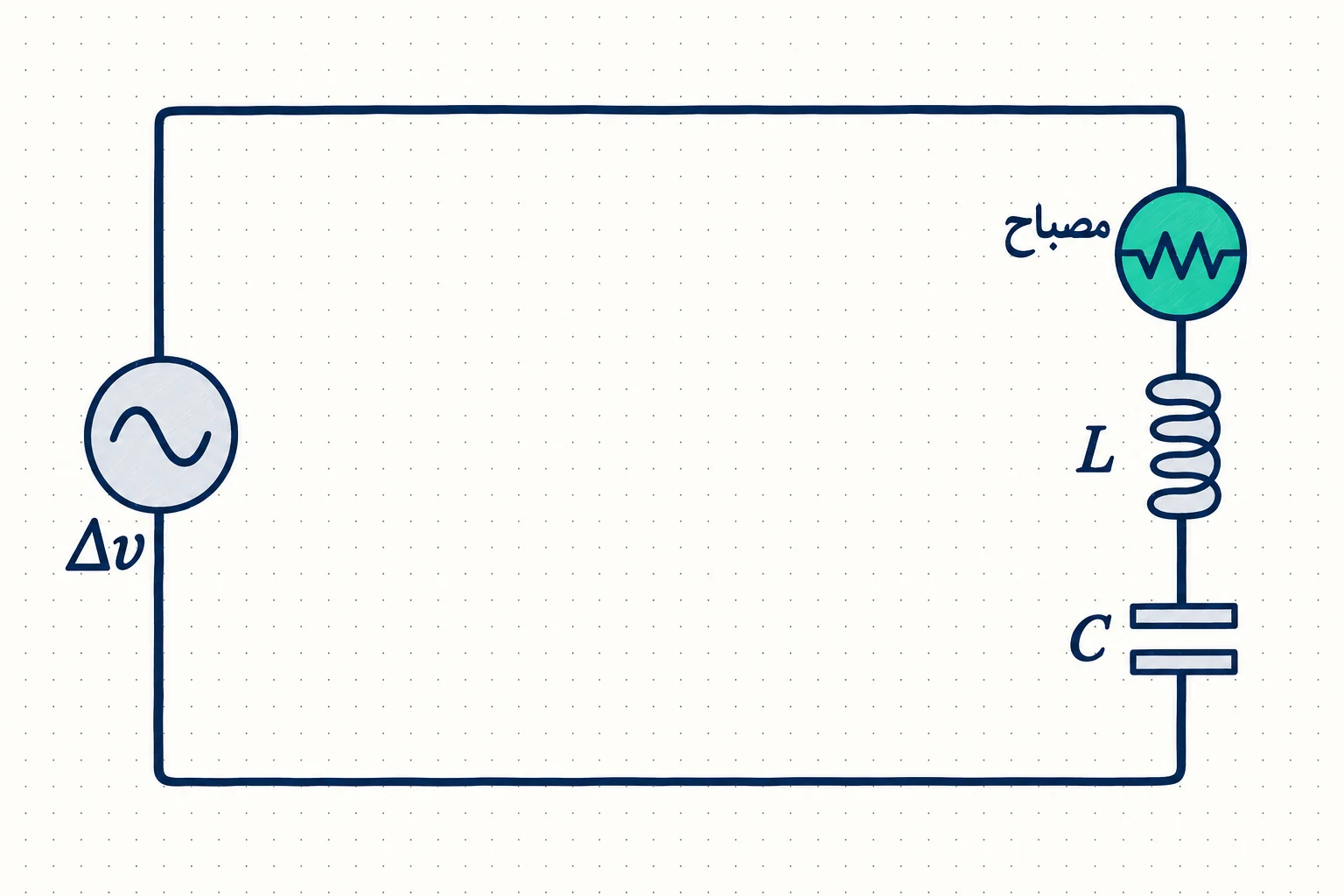 أفكّر: دارة تيار متردد تحتوي مصباحًا ومحثًا ومواسعًا.