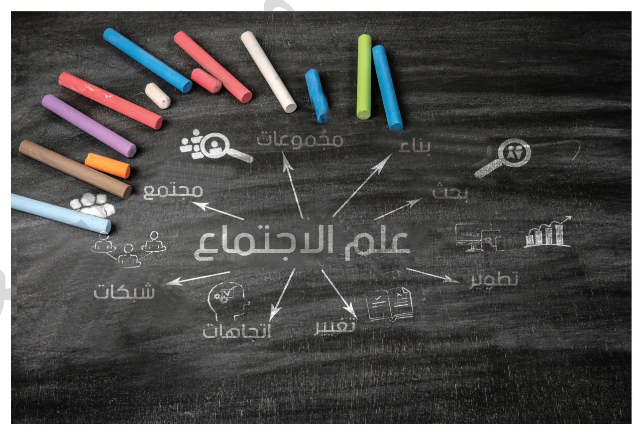 رسم توضيحي لكلمة علم الاجتماع محاطة بكلمات: بناء، بحث، مجتمع، مجموعات، تطوير، تغيير، اتجاهات، شبكات