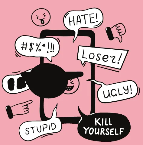 رسم توضيحي يظهر هاتفًا ذكيًا محاطًا بكلمات سلبية مثل HATE وLoser وUGLY وKILL YOURSELF